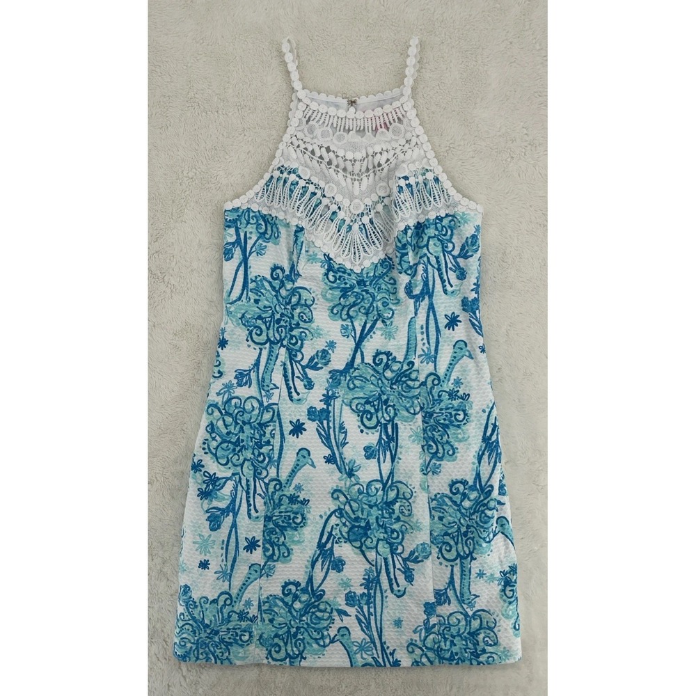 Lilly Pulitzer Pearl Shift Dress Peacock White Crochet Lace Halter Sz 4 Resort